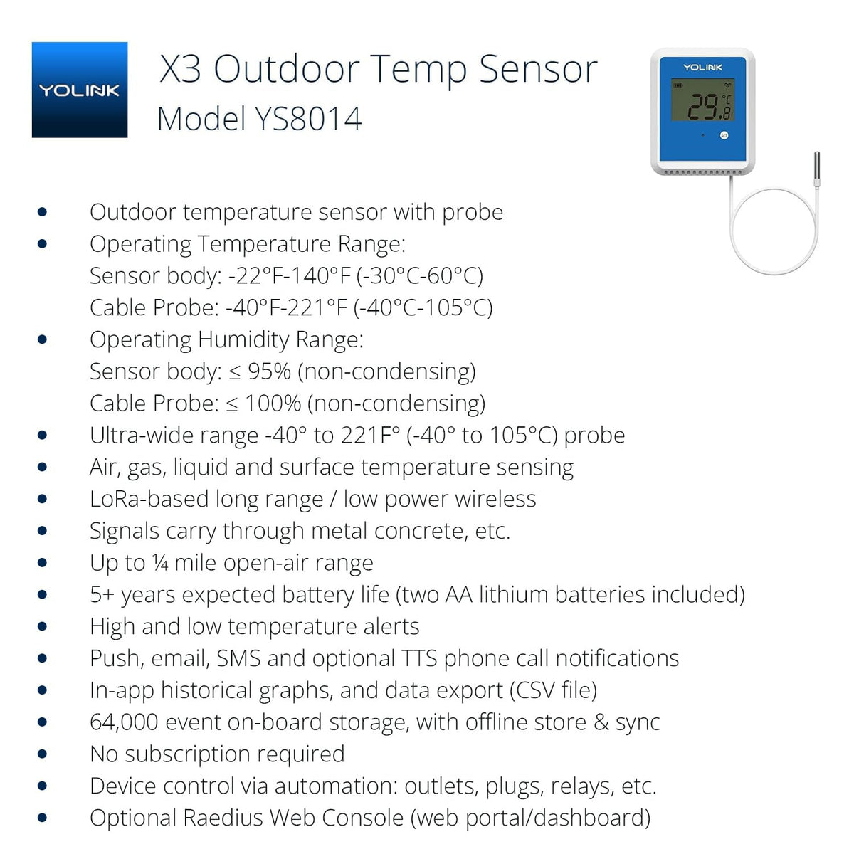 YoLink X3 thermometer display provides at-a-glance temperature for kitchen and HVAC uses.