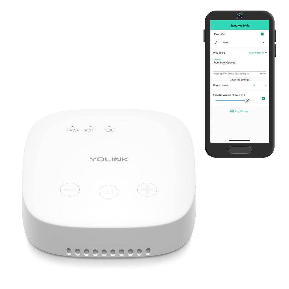 YoLink SpeakerHub compact design sits on a shelf for seamless room integration.