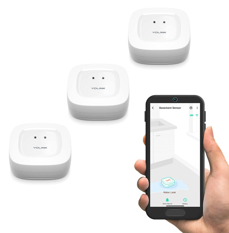 YoLink Water Leak Sensor 3-Pack front view with LoRa range
