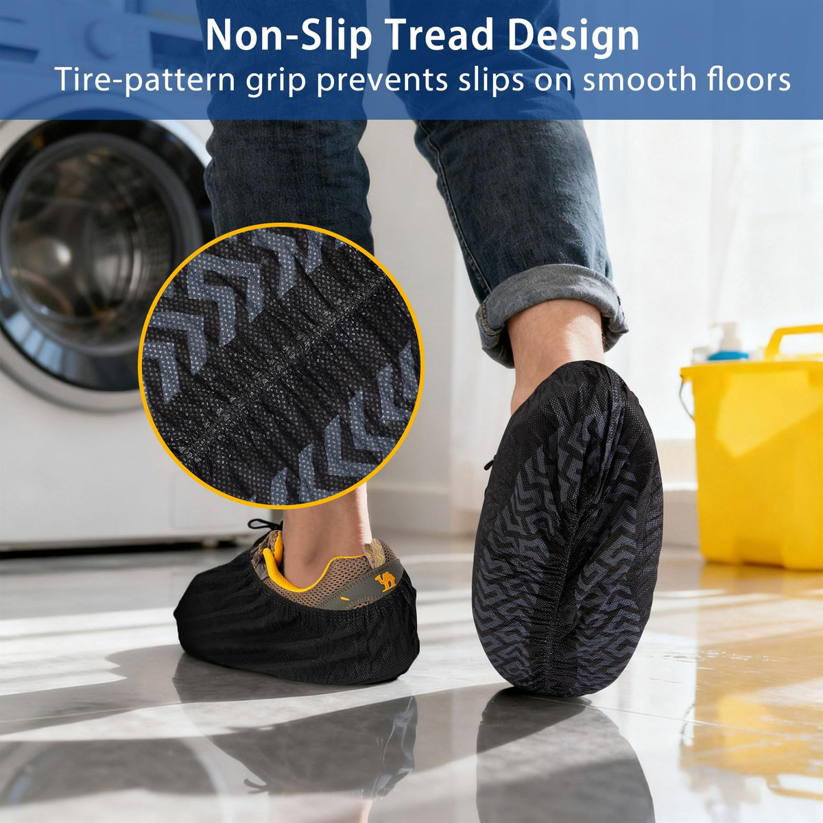 Yomeie XL shoe covers showing secure elastic fit for large shoes during tasks.