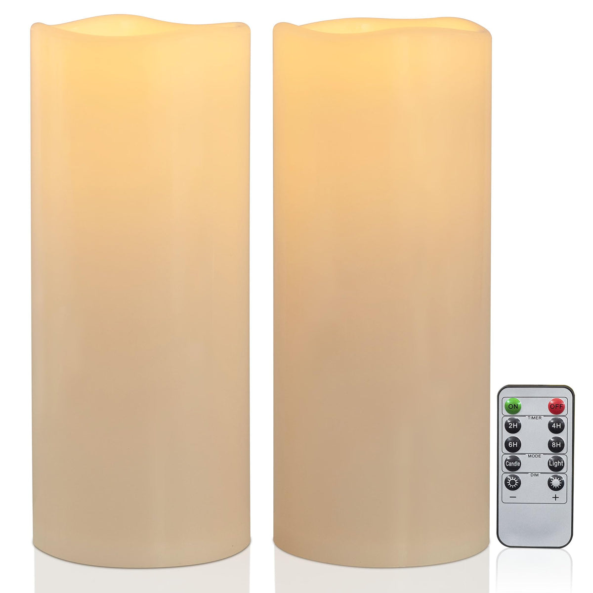 Yongmao 12x5 ivory outdoor flameless candle glowing on a patio for ambience.