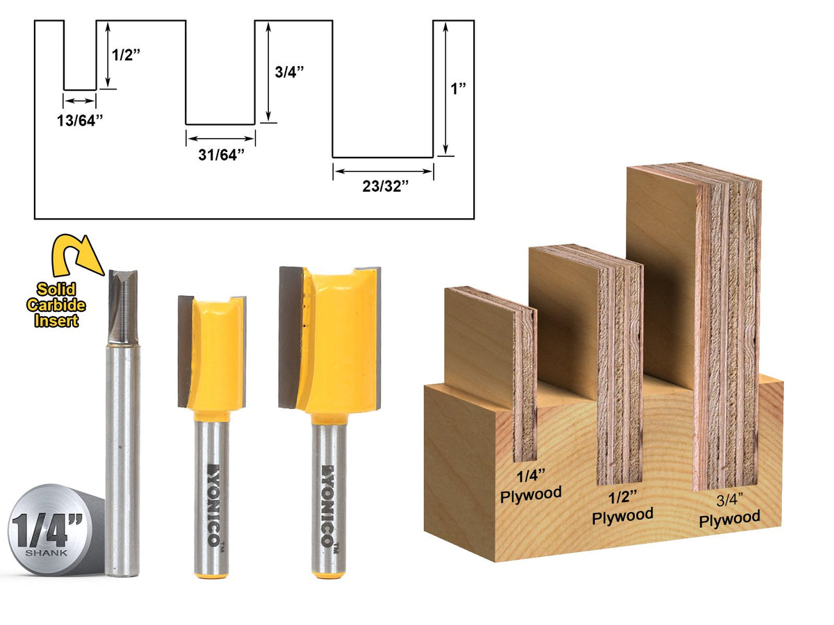 Yonico undersized dado bit set matches plywood thickness for precise 1/4, 1/2, and 3/4 dados.
