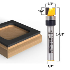 Yonico router bit shows 3/8 inch diameter with 1/4 inch shank for versatile use.