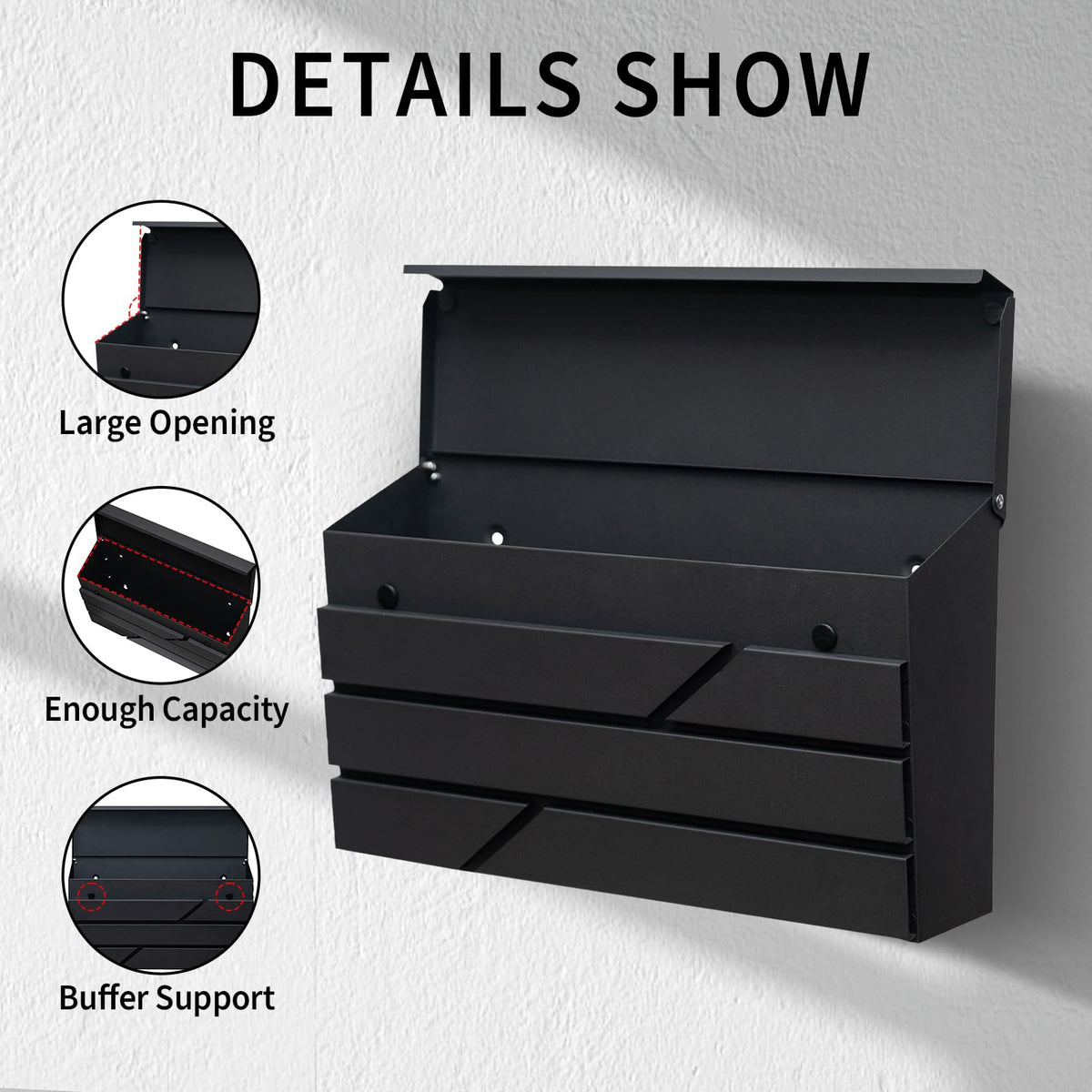 YOOBOX wall mount mailbox side view highlighting weatherproof steel construction and secure mounting