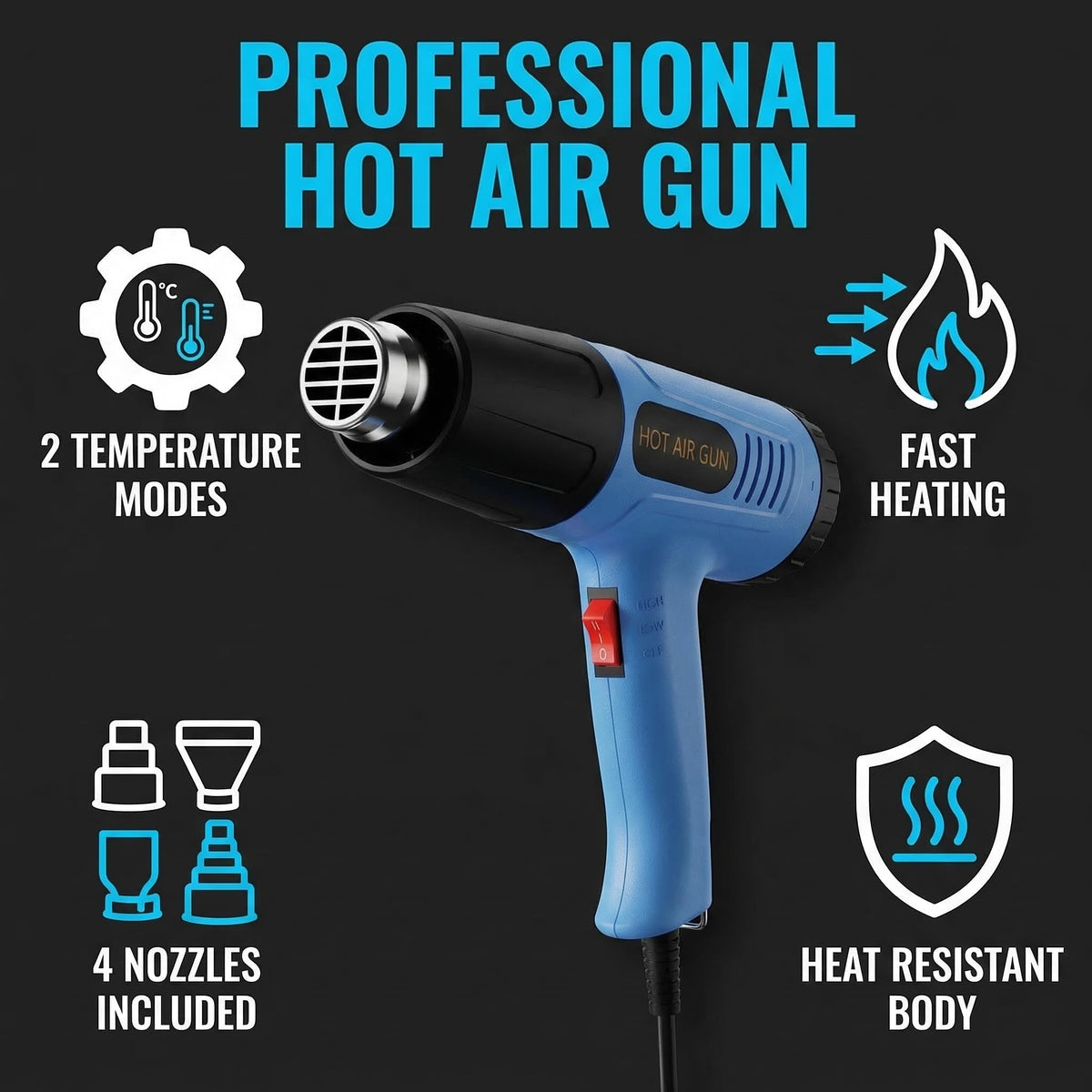 YOOTOOLS heat gun with 2-speed switch enables flexible shaping for electronics and PVC tasks.