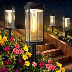 Yorezcop 8-pack solar path lights with rectangular mirror design enhance path ambiance.