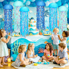 Yorr light blue jellyfish lantern creates whimsy in mermaid party decor.