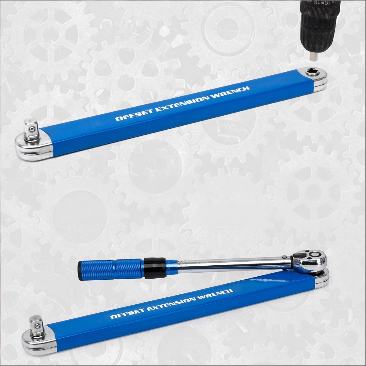 YoShin four drive adapters demonstrating versatility with different wrenches