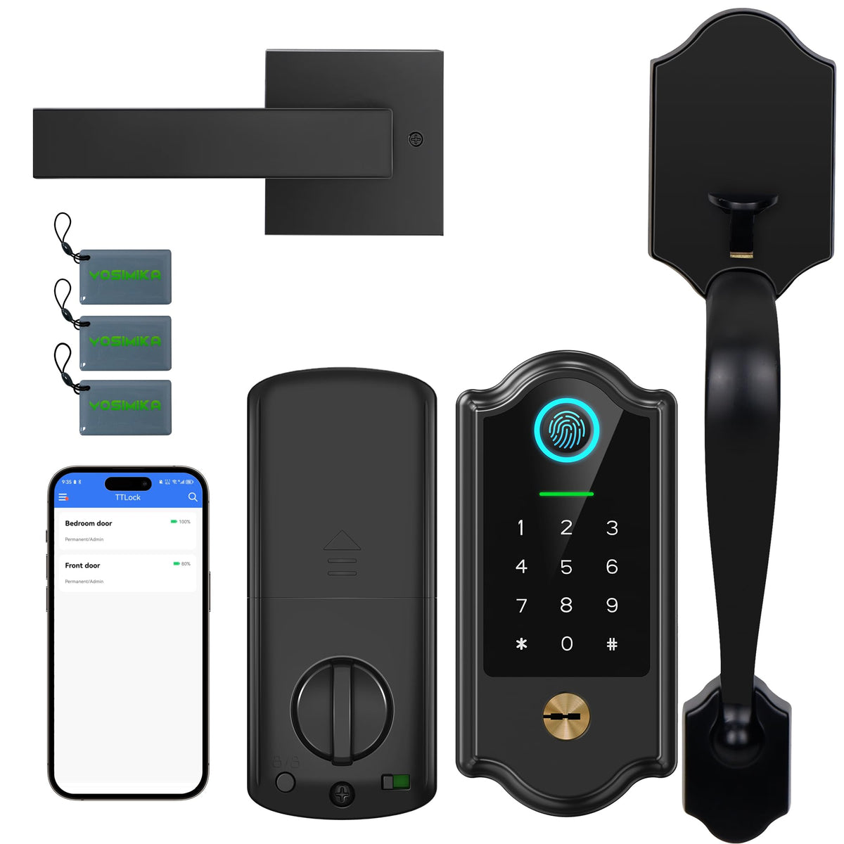 YOSIMIKA smart fingerprint door lock front view showing secure keyless entry