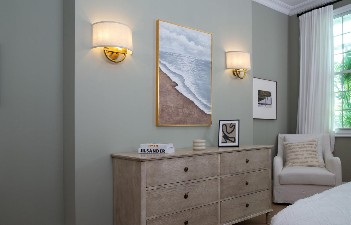 Close-up of the semicircle linen shade on the Yosoan sconce