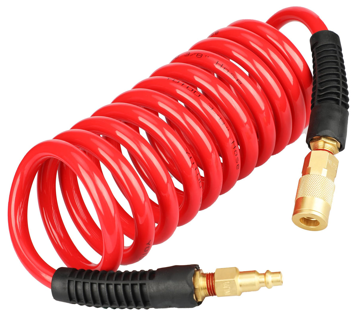 YOTOO polyurethane recoil air hose in action showing self-coiling and anti-kink design.