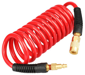YOTOO polyurethane recoil air hose in action showing self-coiling and anti-kink design.