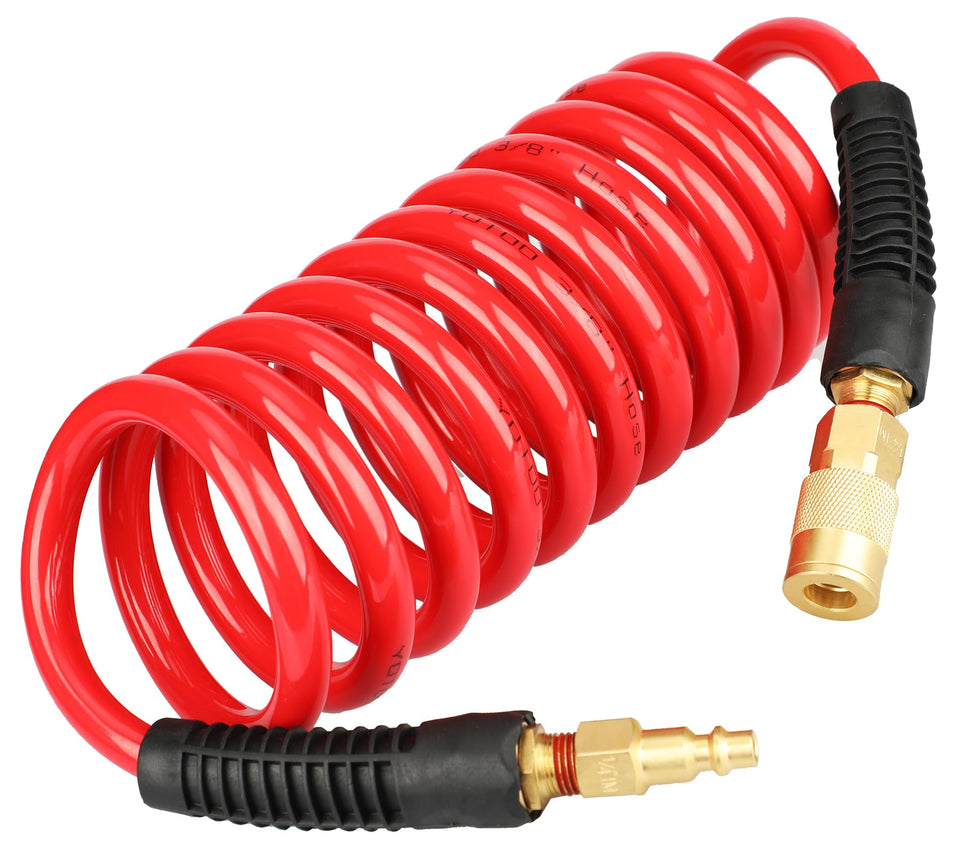 YOTOO polyurethane recoil air hose in action showing self-coiling and anti-kink design.