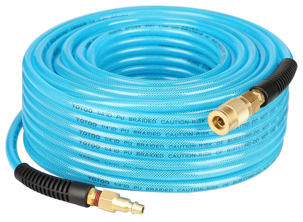 YOTOO reinforced PU air hose 100ft coiled, lightweight and durable for indoor finishing.
