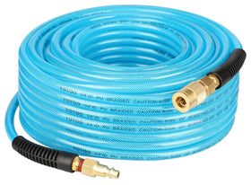 YOTOO reinforced PU air hose 100ft coiled, lightweight and durable for indoor finishing.