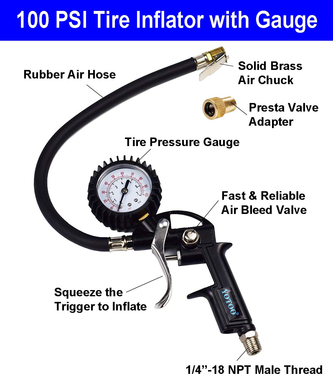 YOTOO tire gauge with inflator chuck for quick tire checks.
