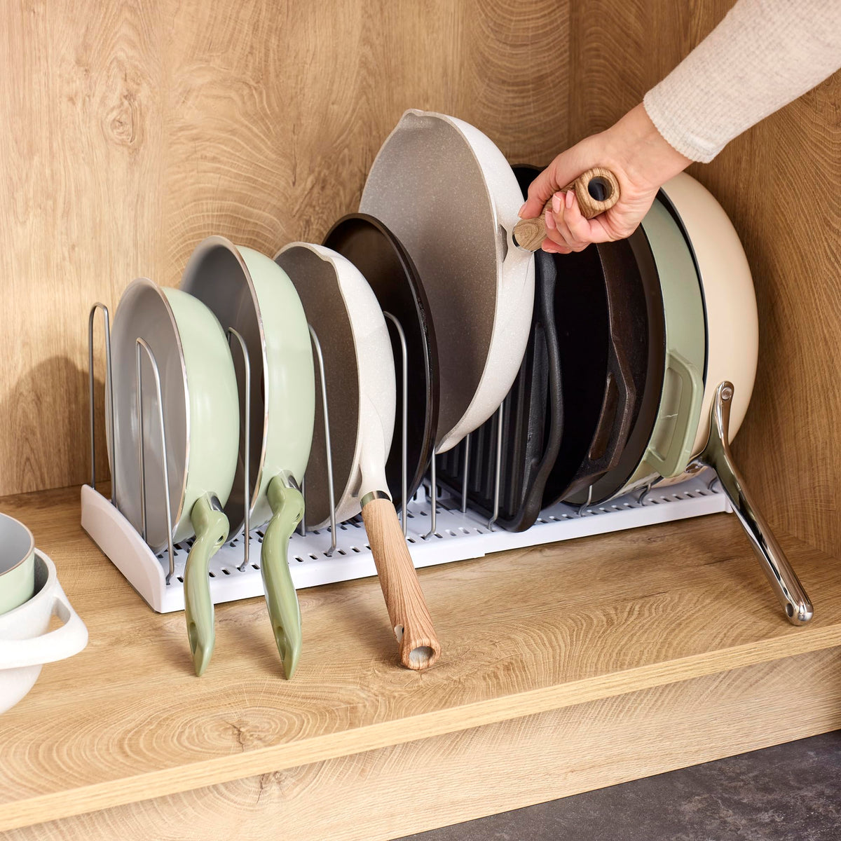 YouCopia StoreMore coated steel wires protect cookware from scratches during storage