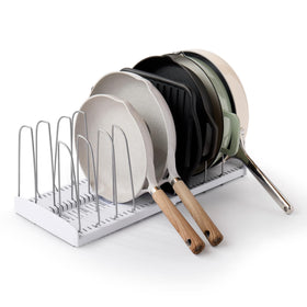YouCopia StoreMore expandable cookware rack with tall wires keeps heavy pans upright in a cabinet
