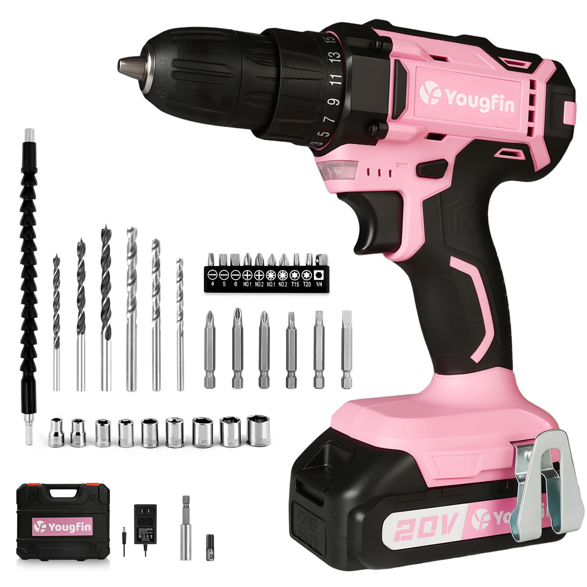 Yougfin pink 20V cordless drill with ergonomic grip for comfortable DIY tasks.