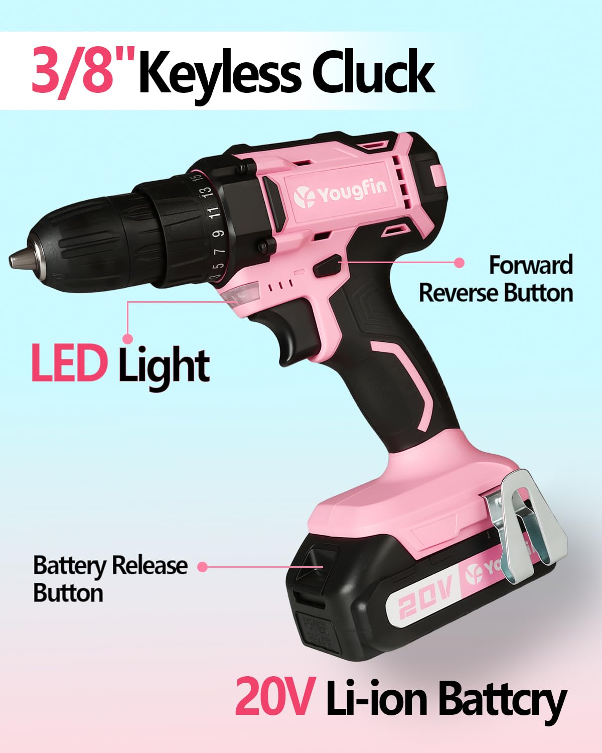 Yougfin pink 3/8 inch chuck ensures secure bit retention.