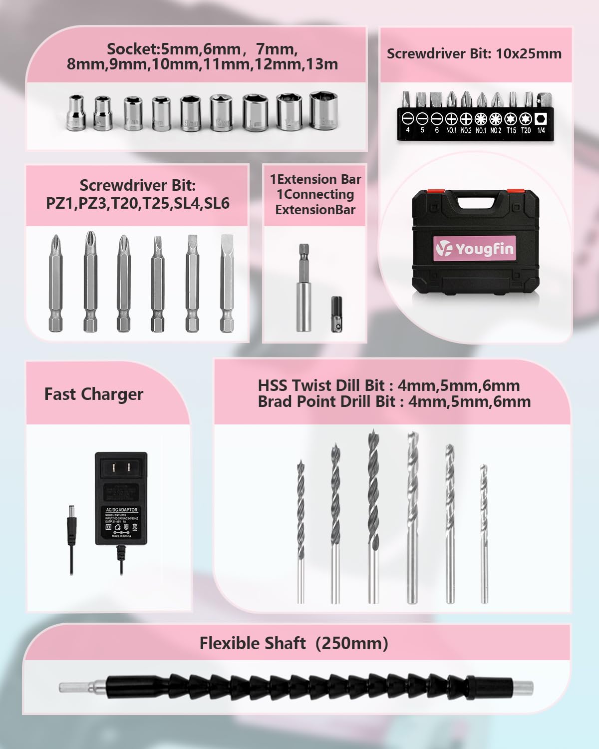 Yougfin pink battery and charger ready for quick home projects.