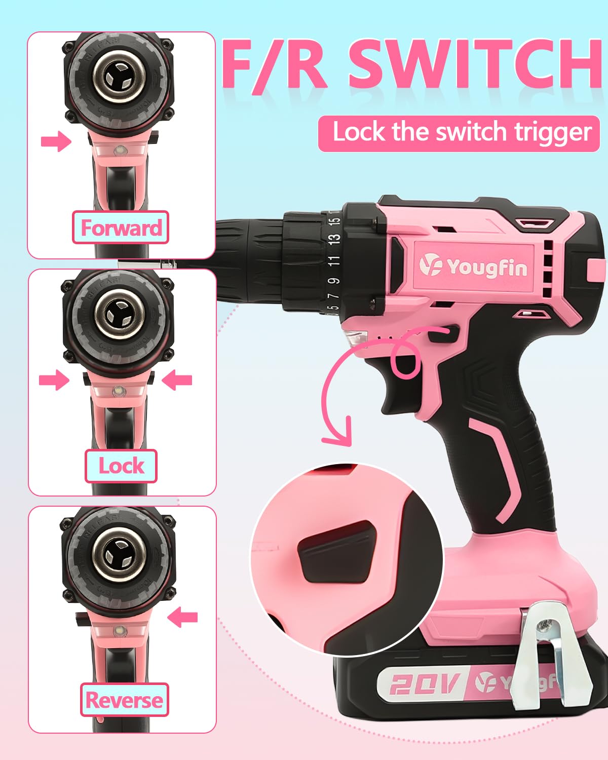Yougfin pink LED light helps work in dark corners.