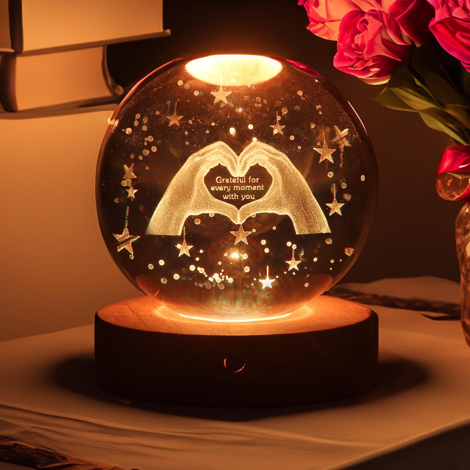 youglatt crystal ball night light front view with 3D heart engraving for warm ambience