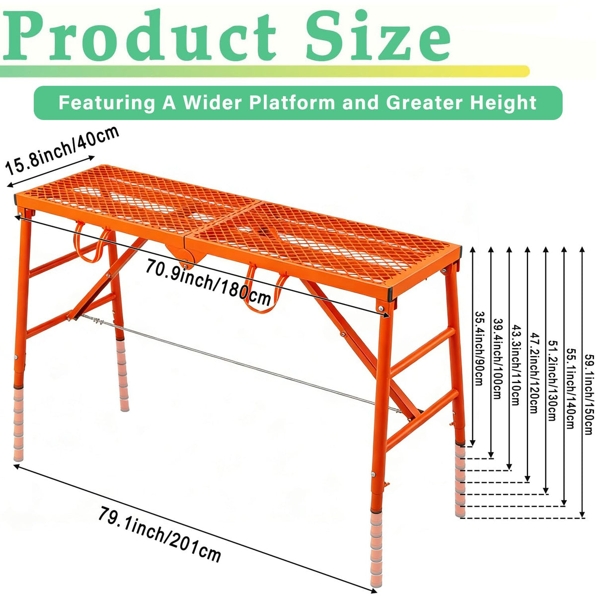 Youlina 800lbs foldable scaffolding platform side profile showing adjustable height.