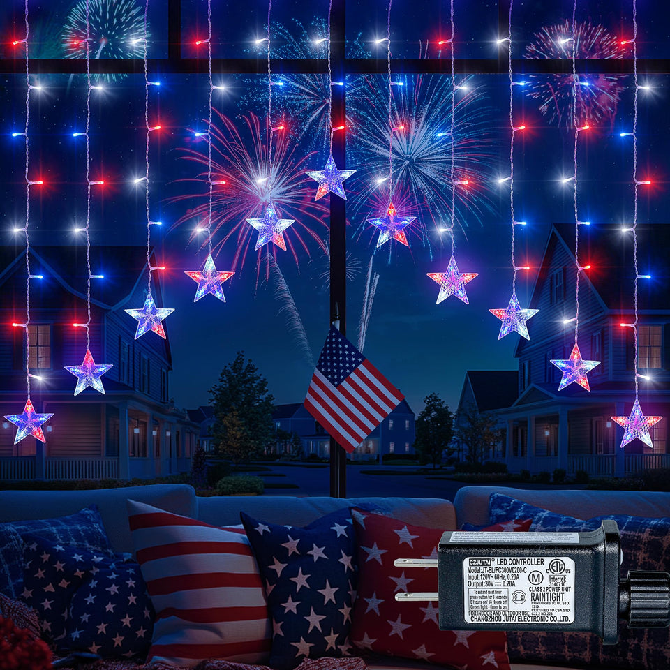 YOUNGAR patriotic star icicle lights illuminate outdoor porch