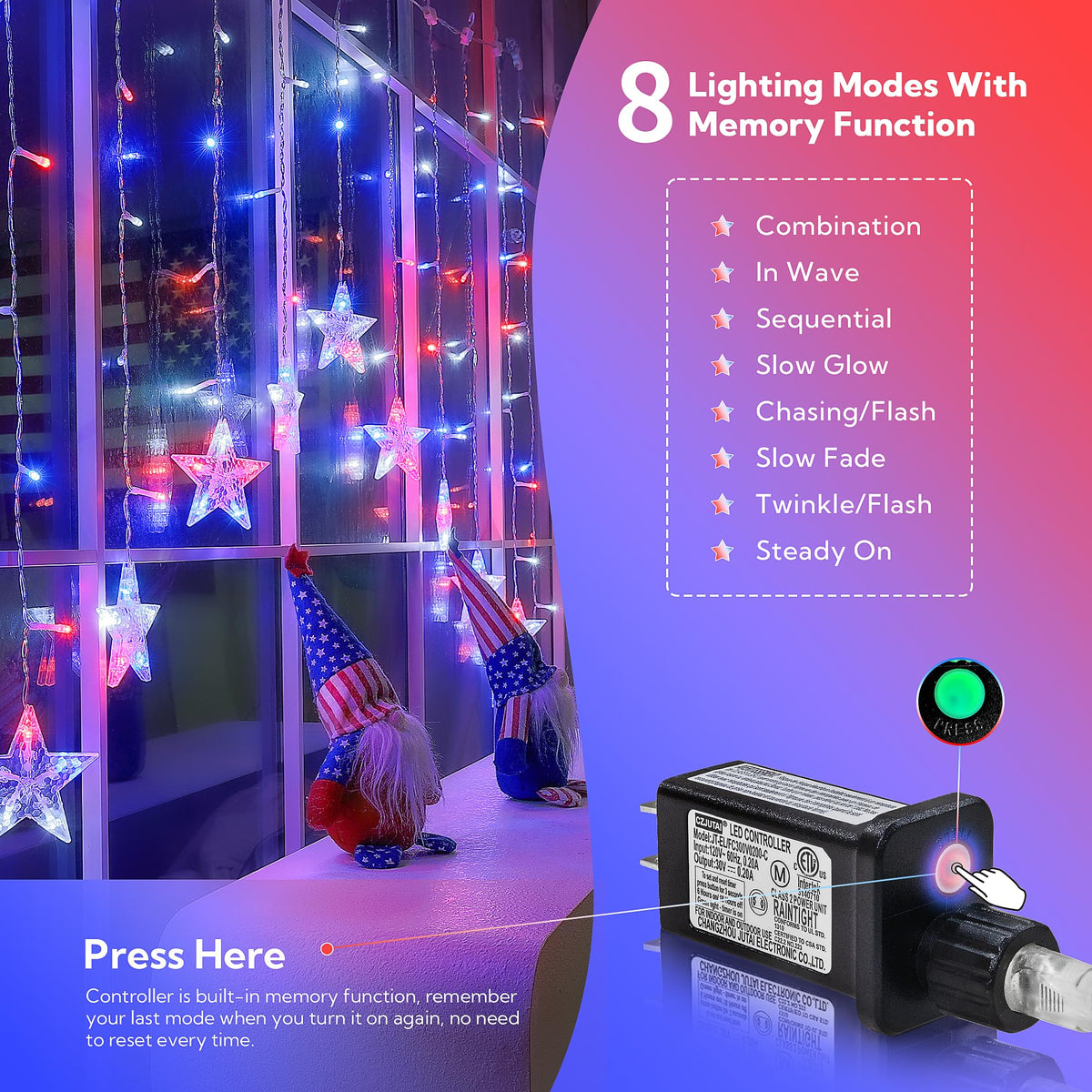 YOUNGAR red white blue curtain lights brighten window display