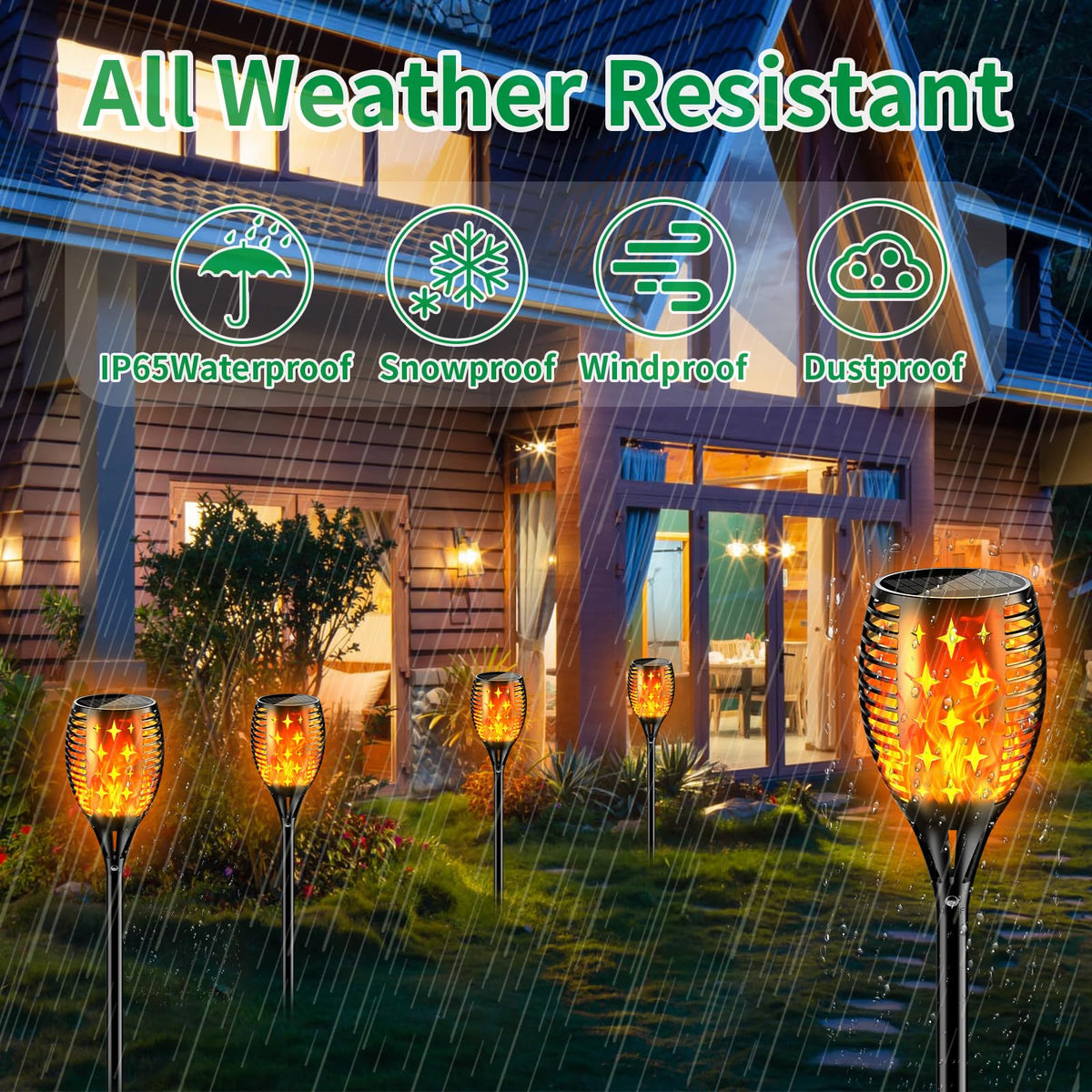 YoungPower solar torch lights glow at dusk along patio with warm ambiance
