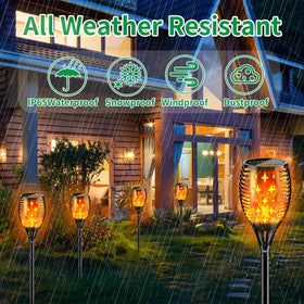 YoungPower solar torch lights glow at dusk along patio with warm ambiance