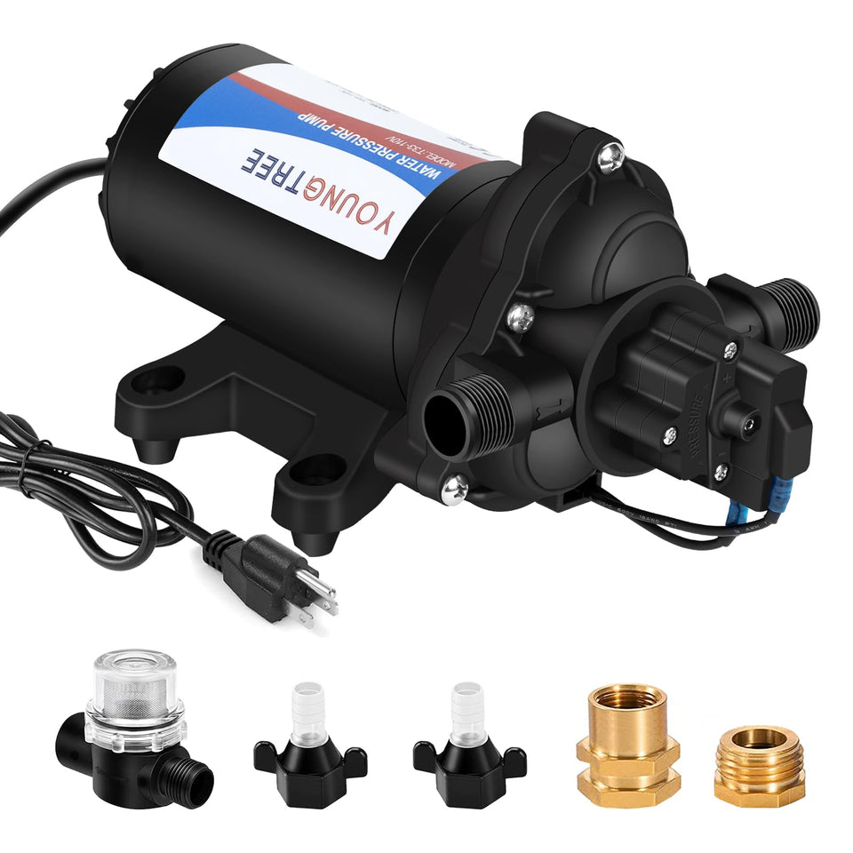 YoungTree RV water pump front view shows compact design for easy installation.