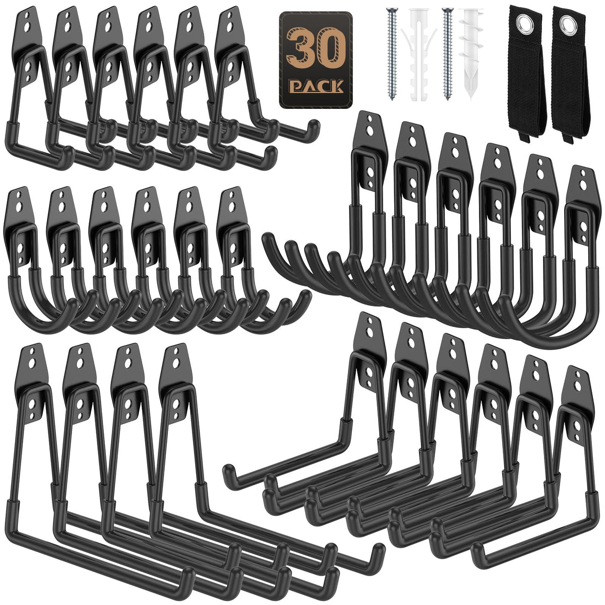 YouthZeal garage hooks on a wall provide secure bike and tool storage.