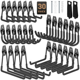 YouthZeal garage hooks on a wall provide secure bike and tool storage.