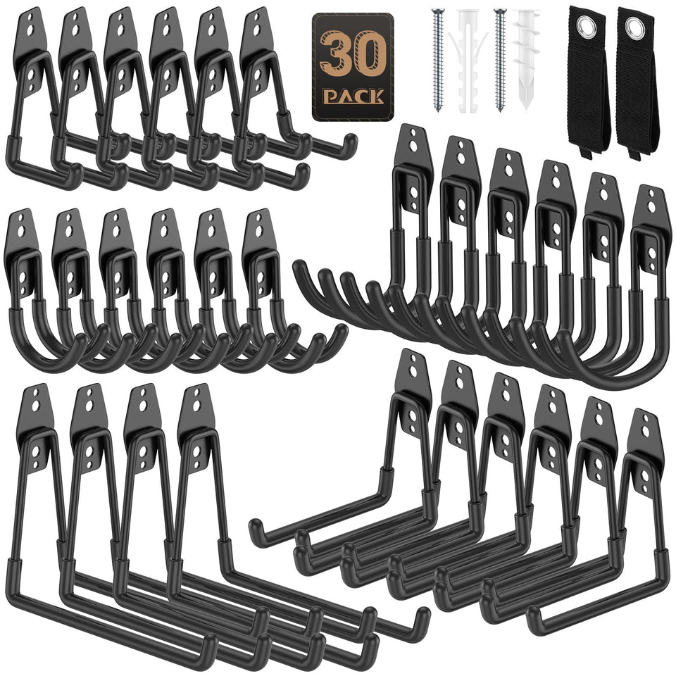 YouthZeal garage hooks on a wall provide secure bike and tool storage.