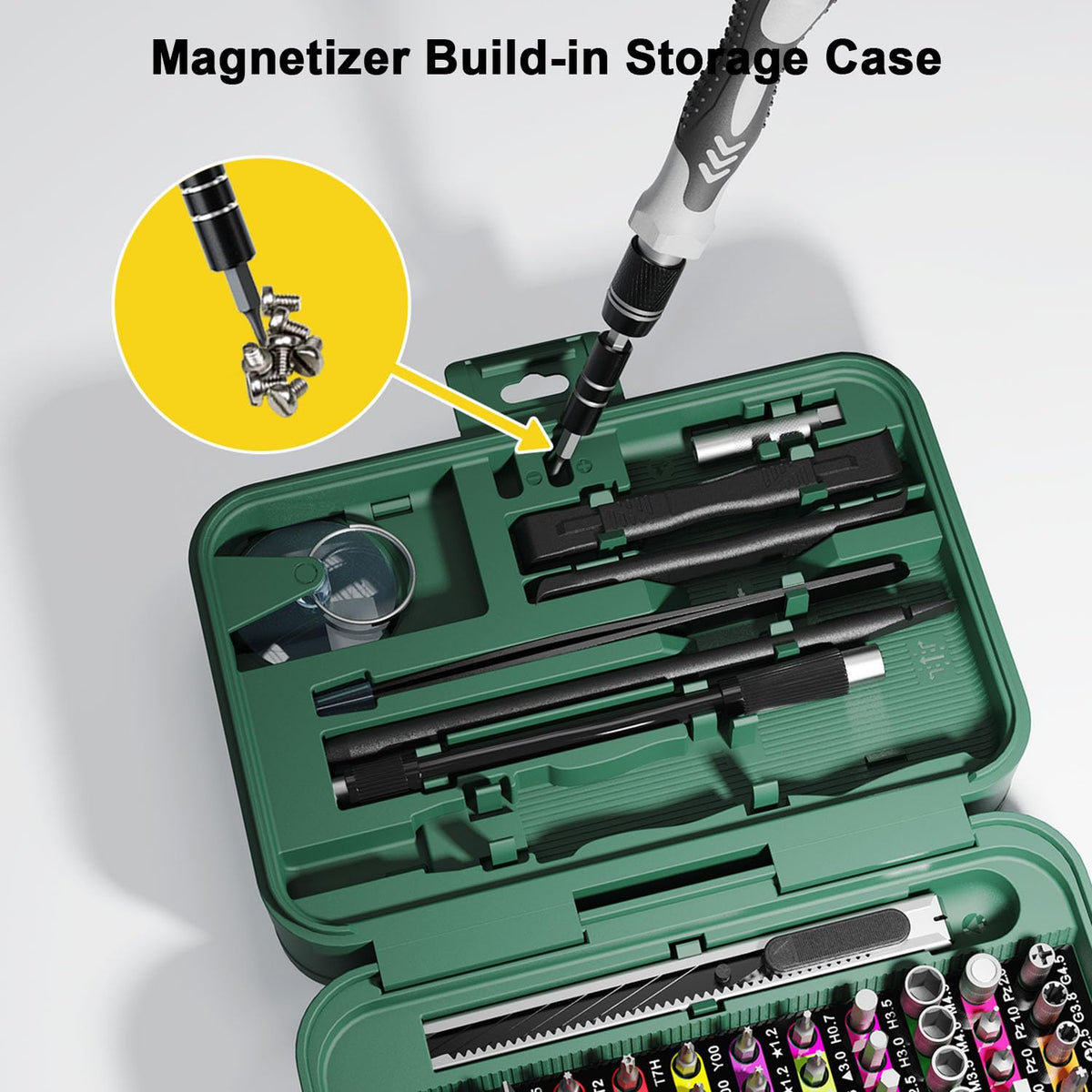 Includes tweezers, suction cup, and bit adapter for versatile electronics work.