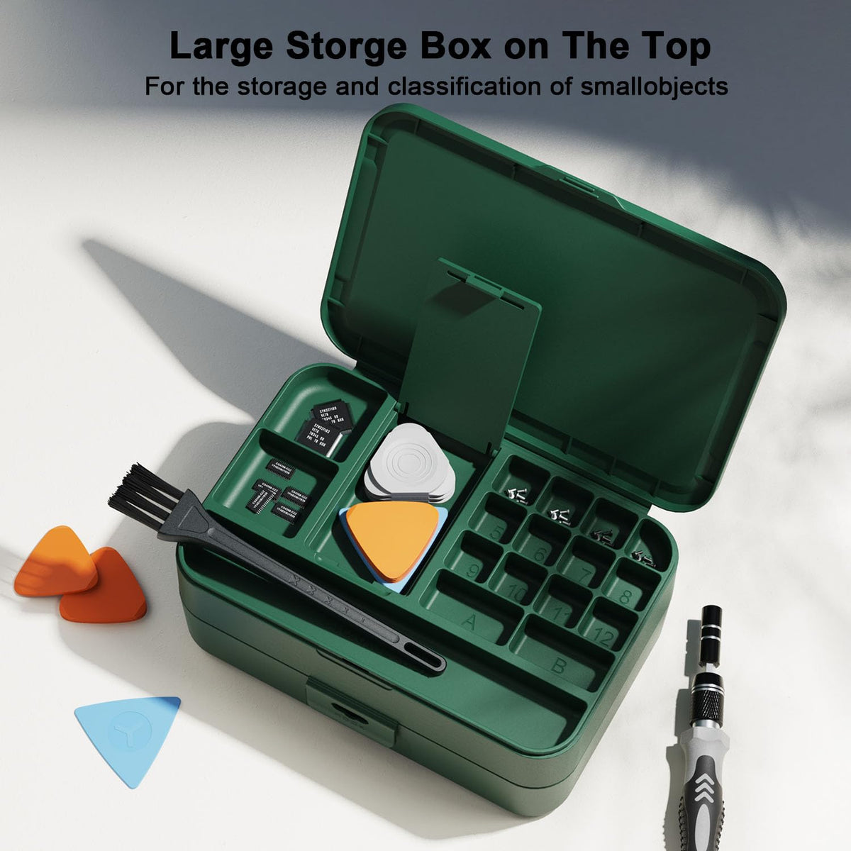 Top storage with 18-grid compartments keeps small parts organized.