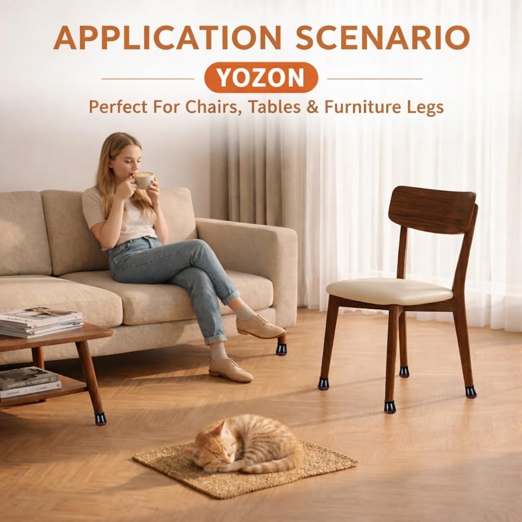 YOZON chair leg protectors on dining chairs reduce scuffs and bump-free movement.