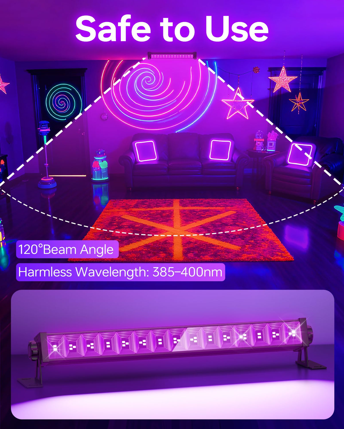 YQNLIFA 4-pack black light bar enhances body paint with vivid fluorescence