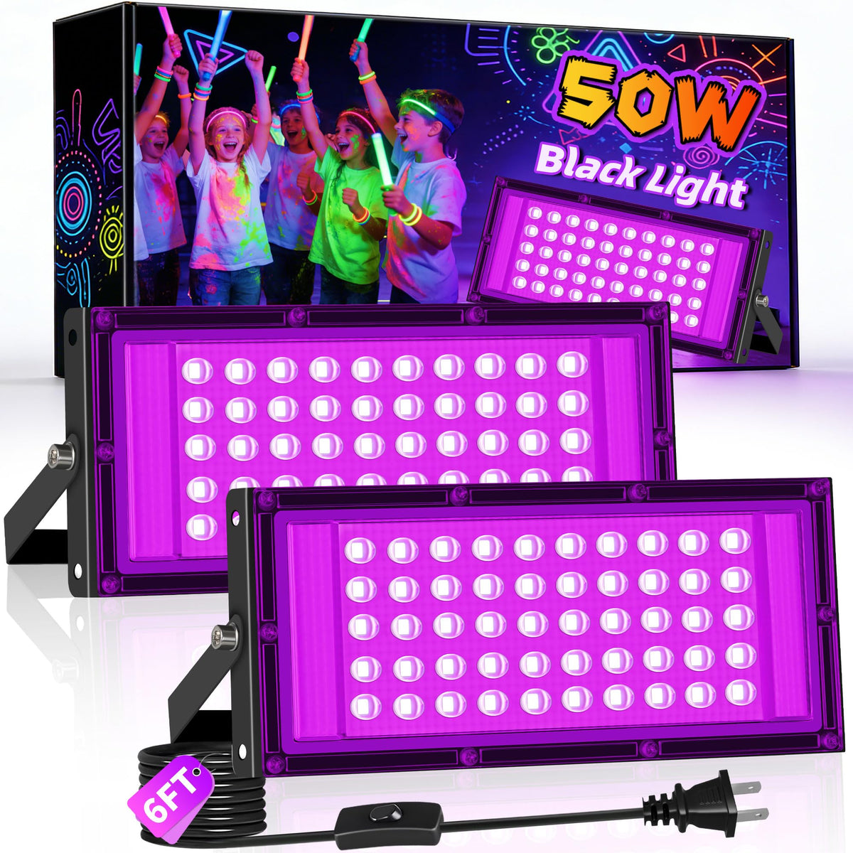 YQNLIFA 50W black light flood light ready to use with plug and 6ft cord for quick setup