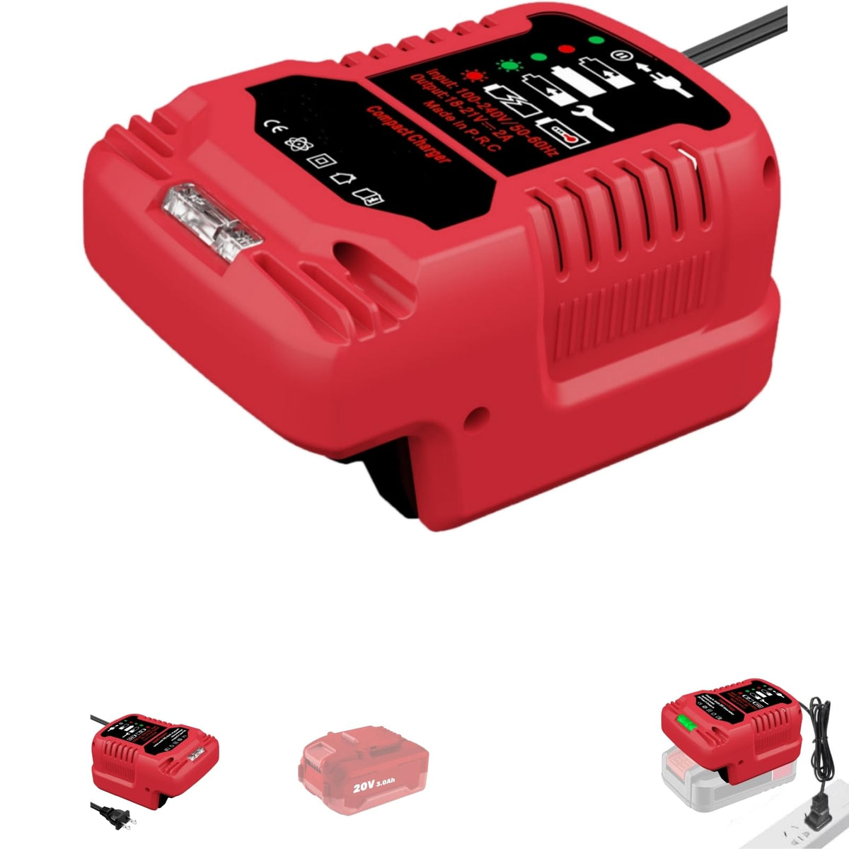 YRGJDCA Bauer 20V mini charger front view, highlighting compact travel-friendly design.