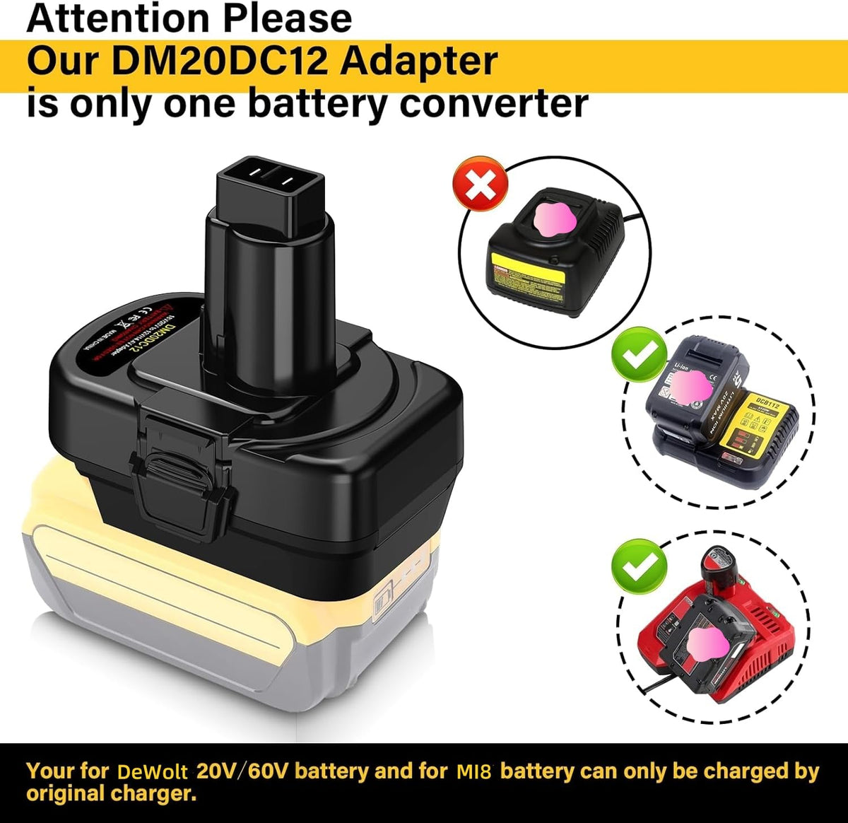 YRGJDCA DeWalt adapter packaging with connectors and guide for easy setup.