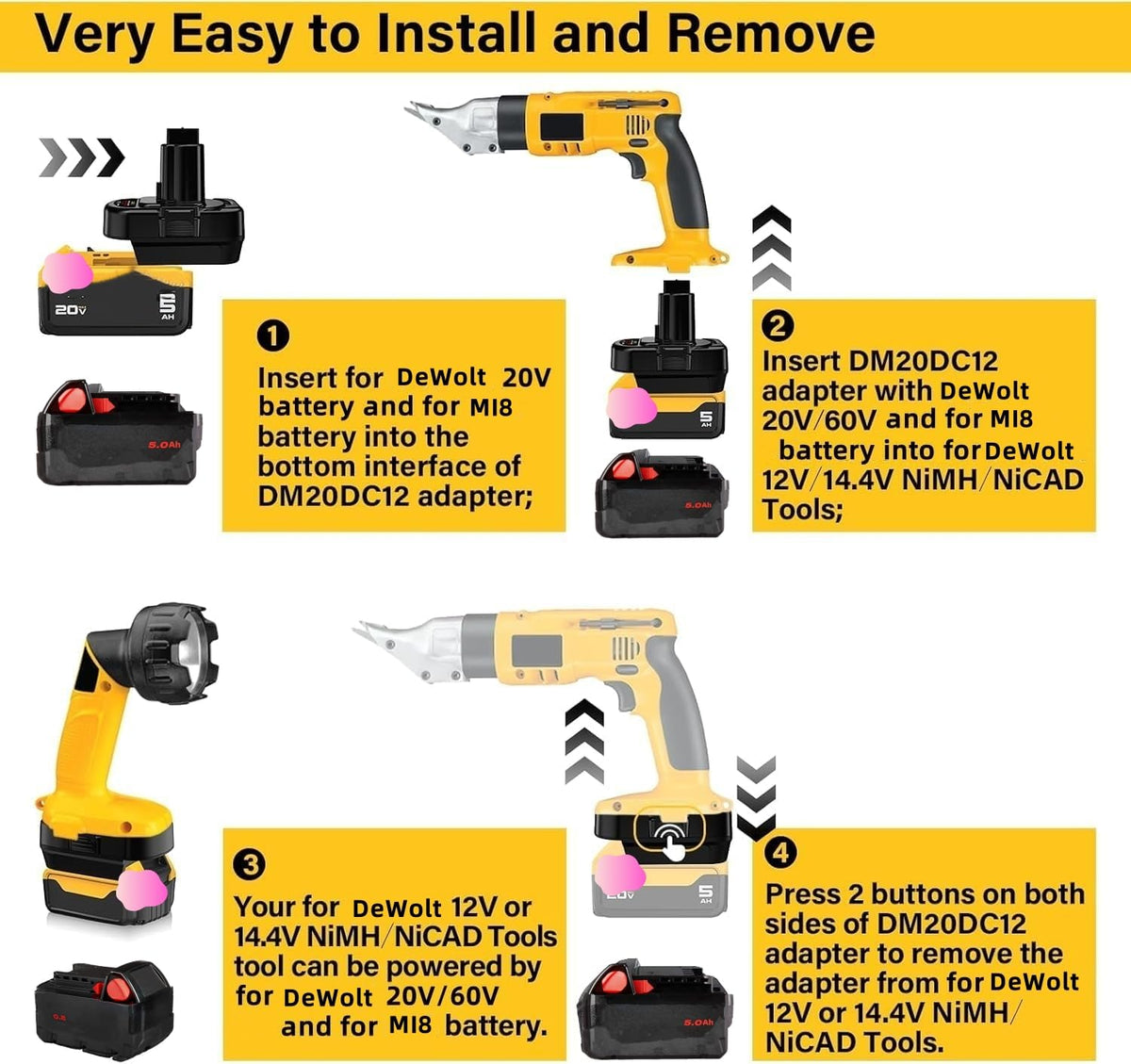 YRGJDCA DeWalt adapter showing 60V/20V compatibility for flexible use.