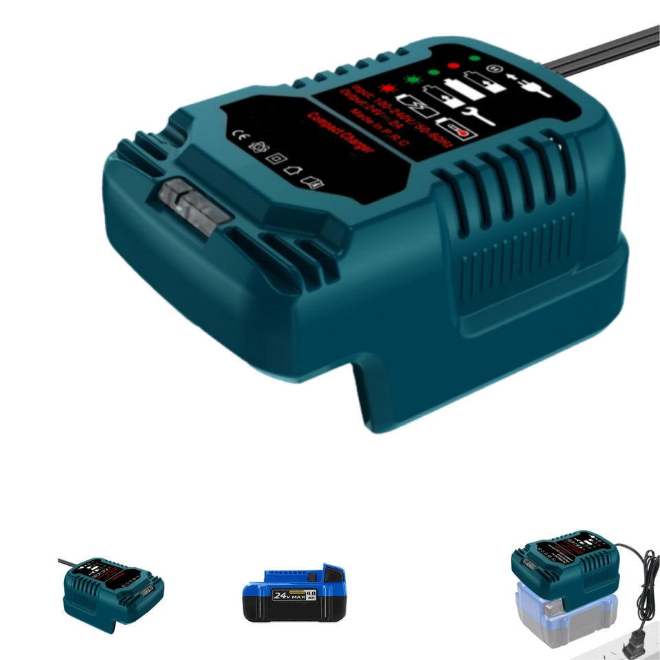 YRGJDCA Kobalt 24V charger front view, highlighting compact travel-friendly design.