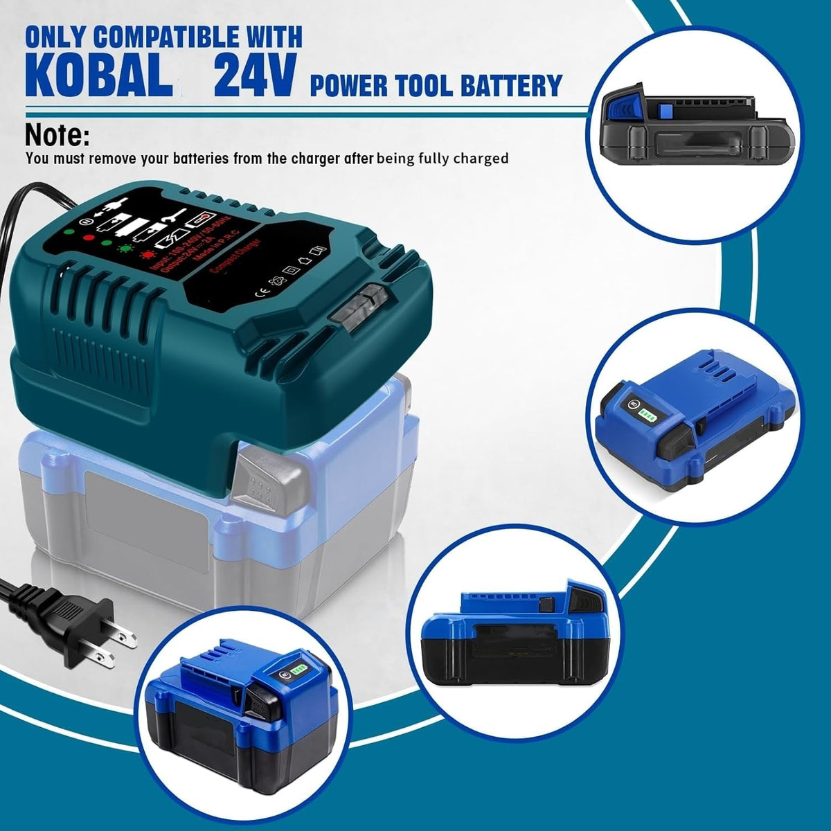 YRGJDCA Kobalt 24V charger side view shows slim profile for easy storage.