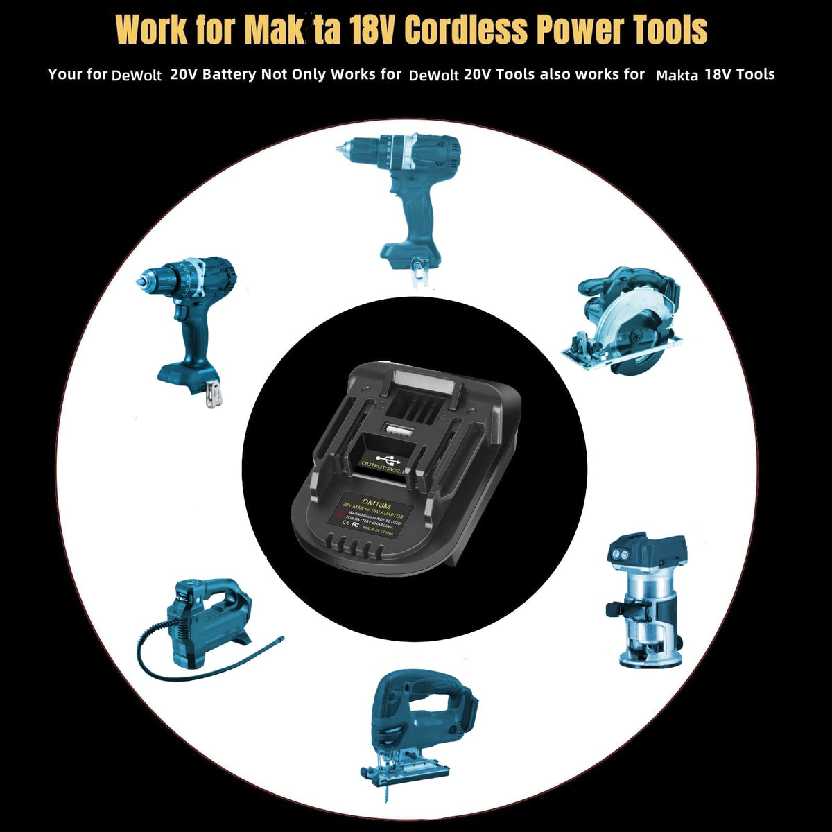 YRGJDCA Makita-to-M18 compatibility view demonstrates cross-brand battery use.