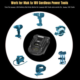 YRGJDCA Makita-to-M18 compatibility view demonstrates cross-brand battery use.