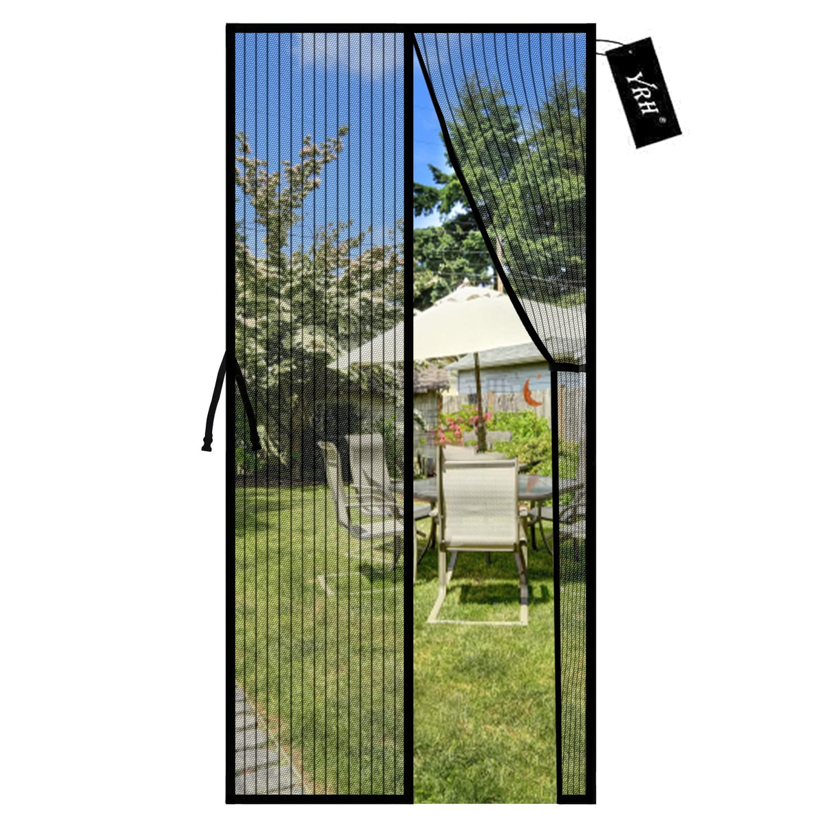 YRH magnetic screen door with stay-open buckles for hands-free access and ventilation.