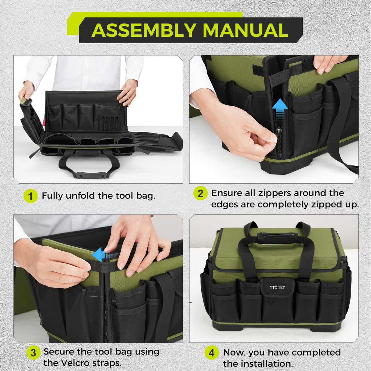Ytonet bag folds for compact storage in trunks and closets